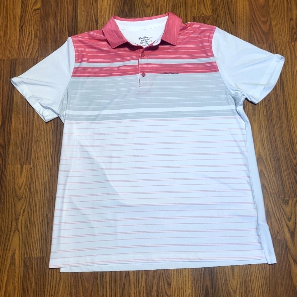 Ben Sherman Sport Striped Pink & White Men's Stretch Polo Xl B42
